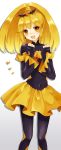  1girl :d bad_end_peace bad_end_precure black_gloves black_legwear blonde_hair fingerless_gloves gloves highres long_hair looking_at_viewer open_mouth pantyhose pleated_skirt precure skirt smile smile_precure! solo yellow_eyes yon_(letter) 