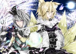  2girls alternate_costume animal_ears black_skirt blonde_hair cherry_blossoms clouds collar collared_shirt fingerless_gloves fox_ears fox_tail full_moon fur fur_trim gloves grey_hair headband highres holding_sword ichinose_rom konpaku_youmu konpaku_youmu_(ghost) koumajou_densetsu koumajou_densetsu_2 moon moonlight multiple_girls multiple_swords multiple_tails night night_sky no_hat open_mouth petals pink_eyes plaid plaid_vest pointy_nose puffy_sleeves sheath sheathed short_sleeves skirt sky spirit strap tabard tagme tail touhou unsheathed yakumo_ran yellow_eyes 