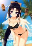  1girl beach bikini black_hair bow breasts bullet cleavage collarbone hair_bow highres kurano_kiriha long_hair looking_at_viewer navel otono_fei outstretched_hand ponytail rokujouma_no_shinryakusha!? swimsuit very_long_hair violet_eyes 