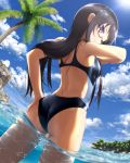  ass black_hair clouds dutch_angle endou_rino from_behind glasses hand_on_hip haribote_(tarao) highres jinsei long_hair looking_at_viewer looking_back one-piece_swimsuit palm_tree semi-rimless_glasses sky swimsuit tree under-rim_glasses violet_eyes wading water 