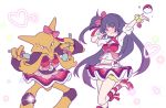  \m/ akira_(natsumemo) alakazam black_hair blue_hair midriff natsume_(pokemon) navel poke_ball pokemon red_eyes ribbon skirt spoon 