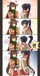  2girls 4koma ? abo_(hechouchou) absurdres black_hair brown_eyes brown_hair closed_eyes coat comic highres kantai_collection multiple_girls ponytail red_eyes scarf skirt skull_and_crossbones spoken_question_mark translation_request valentine yahagi_(kantai_collection) yamato_(kantai_collection) 