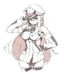  1girl bare_shoulders bismarck_(kantai_collection) breasts detached_sleeves graphite_(medium) hand_on_hip hat hat_over_one_eye kantai_collection long_hair simple_background sketch solo thigh-highs traditional_media two-cat-walk very_long_hair 