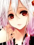  1girl guilty_crown hair_ornament hairclip hand_in_hair highres long_hair looking_at_viewer open_mouth pink_hair red_eyes smile solo twintails xayux yuzuriha_inori 