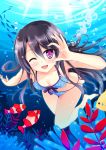  1girl a-1_pictures ascii_media_works bikini black_hair cute feijitian fish genderswap kirigaya_kazuto kirito kirito_(sao-ggo) long_hair swimming swimsuit sword_art_online underwater violet_eyes wink 