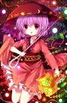  1girl barefoot bowl hat highres japanese_clothes kimono looking_at_viewer mallet moseley needle obi open_mouth purple_hair sash short_hair solo sparkle sukuna_shinmyoumaru touhou violet_eyes 