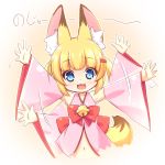  1girl afterimage animal_ears bell blonde_hair blue_eyes detached_sleeves fang fox_ears fox_tail hair_ornament hairclip kemomimi_vr_channel kuwada_yuuki long_hair mikoko_(kemomimi_vr_channel) navel open_mouth pink_shirt shirt smile solo tail twintails upper_body waving_arms 