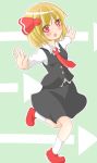  1girl :o blonde_hair chinoru directional_arrow hair_ribbon highres necktie outstretched_arms red_eyes ribbon rumia shirt short_hair skirt spread_arms touhou vest 