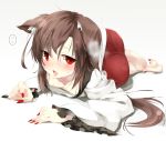  1girl animal_ears brown_hair gorilla_(bun0615) highres imaizumi_kagerou looking_at_viewer lying on_stomach red_eyes solo sweat tagme tongue tongue_out touhou wolf_ears 