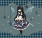  1girl black_hair blue_background blue_eyes blush bow fairy_wings hair_bow long_hair nine_usagi ribbon star star_sapphire touhou wings 