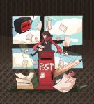  1girl brown_background brown_hair closed_eyes clouds cloudy_sky envelope hair_ornament hairclip kagerou_project letter nine_usagi origami paper pencil postbox ruler scarf short_hair sitting sky tateyama_ayano television window 