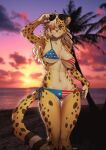  1girl absurdres american_flag_bikini animal_ears armpits artist_name ass_visible_through_thighs beach bikini bikini_pull blonde_hair blurry blurry_background breasts clothes_pull commission feet_out_of_frame flag_print fur furry furry_female hair_over_one_eye highres large_breasts leopard_ears leopard_girl leopard_tail looking_at_viewer navel original outdoors pgm300 photo_background pulled_by_self sky smile solo spotted_fur sun sunglasses sunset swimsuit tail toned tree violet_eyes watermark yellow_fur 