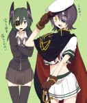  cape cosplay costume_switch crossed_arms eyepatch gloves green_eyes green_hair hat kantai_collection kinari kiso_(kantai_collection) long_hair necktie purple_hair smile sword tenryuu_(kantai_collection) weapon 