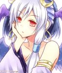  1girl :&lt; armlet bare_shoulders blue_hair breasts bust ceres_(p&amp;d) chisa cleavage collarbone crescent dated detached_sleeves earrings elbow_rest evil_ceres_(p&amp;d) hair_ornament hair_tubes head_wings hoop_earrings jewelry long_hair long_sleeves multicolored_hair puzzle_&amp;_dragons red_eyes solo twitter_username two-tone_hair white_hair wings 