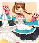  1girl :d breasts brown_eyes brown_hair cleavage frilled_skirt frills gunslinger_stratos horns long_skirt looking_at_viewer maid_headdress open_mouth rindo_sidune skirt sleeves_past_wrists smile stuffed_animal stuffed_toy teddy_bear twintails yon_(letter) 