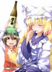  2girls arms_up blonde_hair bottle bow brown_eyes brown_hair chen closed_eyes dress fox_tail hat hat_with_ears hiro_(pqtks113) long_sleeves mob_cap multiple_girls multiple_tails open_mouth sake_bottle tabard tail touhou white_dress wide_sleeves yakumo_ran 