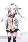  &gt;:) 1girl animal_ears black_legwear blazer bowtie character_request hat heterochromia irimo-m long_hair looking_at_viewer phantasy_star phantasy_star_online_2 pleated_skirt school_uniform silver_hair skirt smile solo tagme tail thigh-highs wolf_ears wolf_tail zettai_ryouiki 