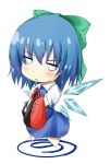  &gt;:&lt; 1girl blue_hair bow chibi cirno hair_bow hair_ribbon kaede_(003591163) looking_at_viewer ribbon short_hair simple_background solo tagme touhou white_background wings 