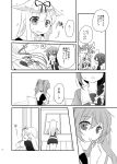  /\/\/\ 3girls ahoge braid chair comic crossed_arms eating fang food hair_ornament hair_ribbon hairclip happy ice_cream kantai_collection long_hair monochrome multiple_girls murasame_(kantai_collection) nagasioo ribbon scarf school_uniform serafuku shigure_(kantai_collection) sighing single_braid skirt spoon sweatdrop table twintails yuudachi_(kantai_collection) 