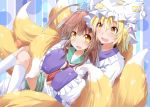  2girls blonde_hair blush brown_hair crossover fox_tail hat hat_with_ears hiro_(pqtks113) hug kantai_collection kuma_(kantai_collection) long_sleeves multiple_girls multiple_tails open_mouth school_uniform serafuku smile tail touhou wide_sleeves yakumo_ran yellow_eyes 