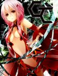  1girl bare_shoulders black_legwear breasts center_opening cleavage detached_sleeves elbow_gloves fingerless_gloves gloves guilty_crown hair_ornament hairclip highres long_hair looking_at_viewer navel open_mouth outstretched_hand pink_hair red_eyes solo thighhighs twintails xayux yuzuriha_inori 