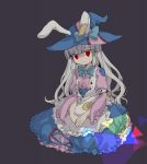  1girl animal_ears blue_bow bow bowtie dress frilled_apron frilled_dress frilled_skirt frilled_sleeves frills hands_together hat hat_bow highres irisu_kyouko irisu_syndrome long_hair looking_at_viewer ohigan purple_dress rabbit_ears red_eyes silver_hair sitting skirt solo very_long_hair witch_hat 