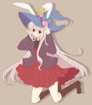  1girl animal_ears blush boots bow casual chuo_(irityuo) coat dress frilled_collar grey_background hands_on_headwear hat hat_bow irisu_kyouko irisu_syndrome long_hair looking_at_viewer pleated_dress rabbit_ears red_dress red_eyes silver_hair solo very_long_hair witch_hat 