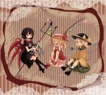  3girls asymmetrical_wings black_hair blonde_hair blush brown_background closed_eyes flandre_scarlet green_eyes green_hair hat houjuu_nue komeiji_koishi multiple_girls nine_usagi open_mouth polearm red_eyes ribbon short_hair side_ponytail sitting smile star third_eye touhou trident weapon wings 