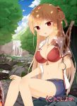  1girl bangs bikini bikini_top blonde_hair breasts cleavage clouds collarbone copyright_request cowboy_shot fish holding jewelry long_hair looking_at_viewer muku_(muku-coffee) navel necklace open_mouth outdoors red_bikini red_eyes shiny shiny_clothes shiny_skin short_shorts shorts sitting sky solo swimsuit tree tree_shade tsurime very_long_hair 