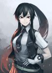  1girl alternate_costume anchor belt gloves grin hetza_(hellshock) kantai_collection long_hair looking_at_viewer necktie pleated_skirt ponytail red_eyes skirt smile solo vest white_gloves yahagi_(kantai_collection) 