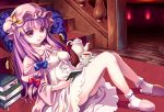  1girl bobby_socks book bow crescent_hair_ornament cup douji hair_bow hair_ornament hat long_hair patchouli_knowledge purple_hair revision sitting slippers socks solo stairs tea teacup teapot touhou very_long_hair violet_eyes white_legwear 