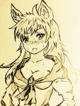  1girl animal_ears bare_shoulders blush breasts cleavage collarbone highres imaizumi_kagerou jewelry long_hair looking_at_viewer monochrome open_mouth pencil_crayon_(medium) solo sweat tagme touhou wolf_ears 