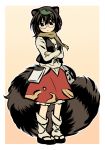  1girl adapted_costume animal_ears bottle brown_eyes brown_hair crossed_arms futatsuiwa_mamizou glasses leaf leaf_on_head long_sleeves notepad raccoon_ears raccoon_tail sake_bottle scarf shirt skirt solo tail touhou vest yudepii 