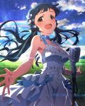  1girl :d blue_hair blue_sky brown_eyes clouds flower grass grasslands hair_flower hair_ornament idolmaster idolmaster_million_live! kitakami_reika long_hair looking_at_viewer low_twintails microphone microphone_stand official_art open_mouth rainbow singing sky smile solo sunrise twintails 