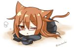  1girl animal_ears brown_eyes brown_hair cat_ears cat_tail glasses kantai_collection kemonomimi_mode long_hair looking_at_viewer lying mochizuki_(kantai_collection) on_stomach one_eye_closed pleated_skirt rimless_glasses school_uniform serafuku skirt sleeves_past_wrists solo tagme tail triangle_mouth waking_up yonerinoko_(banberabu) 
