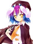  1girl :&lt; cape cellphone character_request gradient_hair greed_packet_unlimited hair_ornament hat highres holding kaede_(003591163) looking_at_viewer multicolored_hair necktie phone short_hair solo tagme yellow_eyes 