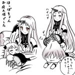  2girls =_= ahoge anklet barefoot blanket claws horn horns hug jewelry kantai_collection long_hair lying multiple_girls northern_ocean_hime open_mouth pillow red_eyes roshiakouji-chan seaport_hime shinkaisei-kan sleeping smile translated white_hair 