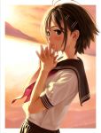  1girl antenna_hair black_eyes black_hair blush hair_ornament hairclip hands_together idolmaster kikuchi_makoto nekopuchi open_mouth school_uniform serafuku short_hair solo steepled_fingers sunset 