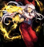  1girl bow clenched_teeth fire fujiwara_no_mokou hair_bow highres long_hair nazoko pants red_eyes scowl solo suspenders touhou very_long_hair white_hair 