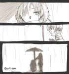  2girls comic mahou_shoujo_madoka_magica monochrome multiple_girls rain sakura_kyouko school_uniform silent_comic tomoe_mami umbrella yuhi 