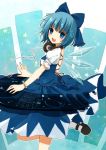  1girl :d blue_eyes blue_hair bow bracelet cirno dj hair_bow hair_ribbon headphones headphones_around_neck highres jewelry looking_at_viewer looking_to_the_side mary_janes open_mouth ribbon shoes short_hair smile solo standing_on_one_leg touhou wings yon_(letter) 