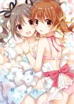  2girls bow bra brown_eyes brown_hair choker collarbone grey_hair hair_bow hair_ribbon hug idolmaster idolmaster_cinderella_girls jewelry kanzaki_ranko looking_at_viewer lying multiple_girls navel necklace open_mouth panties red_eyes ribbon ribbon_choker totoki_airi twintails underwear yon_(letter) 