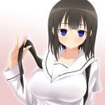  1girl absurdres black_hair blue_eyes breasts bust character_request collarbone face gradient gradient_background highres large_breasts senran_kagura senran_kagura_(series) short_hair simple_background smile solo untied watarui 