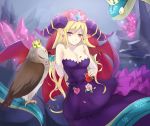  1girl animal bare_shoulders bird blonde_hair blush breasts cleavage crystal demon_girl demon_horns dress earrings flower hgshhcrc horns jewelry leaf lilith_(p&amp;d) long_hair owl pink_eyes pink_rose pointy_ears purple_dress puzzle_&amp;_dragons red_rose rose smile snake solo tiara very_long_hair 