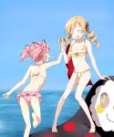  2girls ^_^ bikini blonde_hair blush breasts charlotte_(madoka_magica) closed_eyes drill_hair hair_ribbon highres holding_hands kaname_madoka kinfuji mahou_shoujo_madoka_magica multiple_girls ocean open_mouth pink_bikini pink_hair polka_dot polka_dot_bikini polka_dot_swimsuit ribbon short_hair smile striped striped_bikini striped_swimsuit swimsuit tomoe_mami twin_drills twintails 