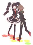  1boy 1girl ahoge black_hair black_legwear blush bonnet brown_hair celestia_rudenberk dangan_ronpa drill_hair gothic_lolita holding_hands hoodie lolita_fashion long_hair mondo_pop naegi_makoto necktie red_eyes simple_background thighhighs twin_drills twintails white_background 