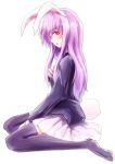  1girl animal_ears black_legwear blush breasts bunny_tail hanging_breasts highres lavender_hair long_hair looking_at_viewer rabbit_ears red_eyes reisen_udongein_inaba simple_background sitting solo tail thigh-highs touhou wariza white_background 