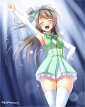  1girl ^_^ arm_up armpits blush brown_hair closed_eyes dated hand_on_hip highres long_hair love_live!_school_idol_project minami_kotori open_mouth side_ponytail solo thigh-highs white_legwear yu-ta 