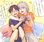  2boys blue_eyes brown_hair fujiharu_(akamine) glasses grey_hair ikari_shinji multiple_boys nagisa_kaworu neon_genesis_evangelion playing_games red_eyes short_hair sweat 