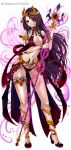  1girl akari1205 bangs blush breasts character_request cleavage copyright_name fake_horns hairband highres long_hair magic midriff navel official_art purple_hair revealing_clothes scepter simple_background skull smile snake solo swept_bangs unison_quest very_long_hair violet_eyes white_background 